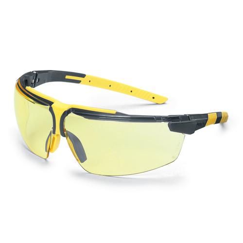 Safety glasses Uvex i-3 s, amber lens, supravision excellence (anfi scratch, anti fog) coating,  anthrazit/yellow. Variable side arms angle,  adjustable nose piece.