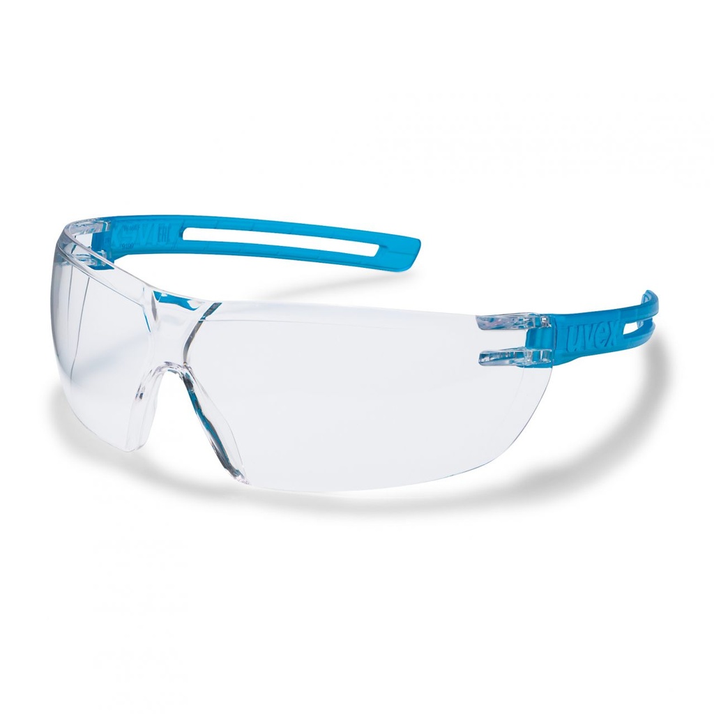 Safety spectacles Uvex X-Fit, clear lense, supravision excellence coating (non-fogging on the inside, non-scratching on the outside), clear blue earpiece
