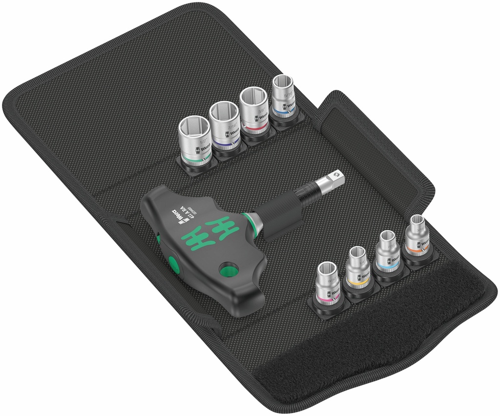 Wera Kraftform Kompakt 400 RA ratcheting T-handle screwdiver set with sockets, 9pcs 3/16" - 1/2", imperial