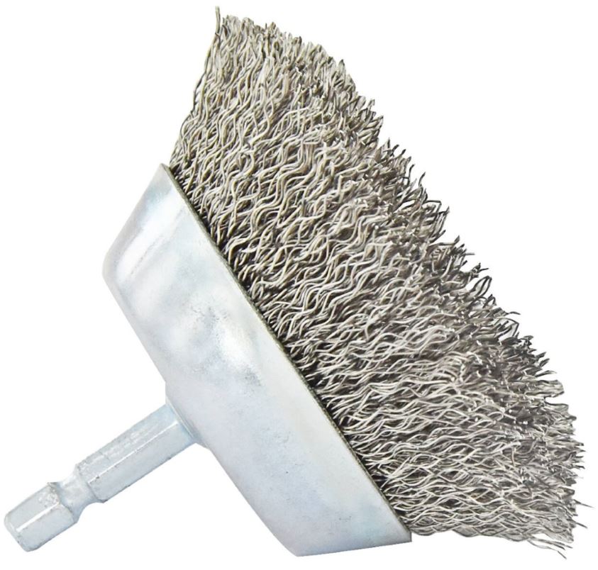 Cup brush for drill, Ø75mm, corrugated INOX wire 0.35mm, shank 1/4 HEX