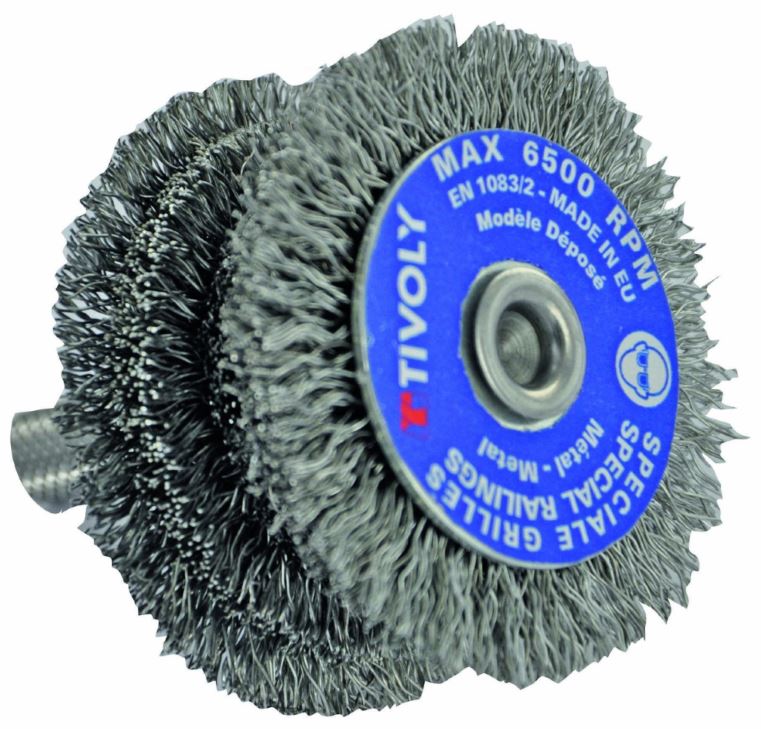 Stepped circular brush for drill, Ø60mm, crimped wire 0.35mm, round shank