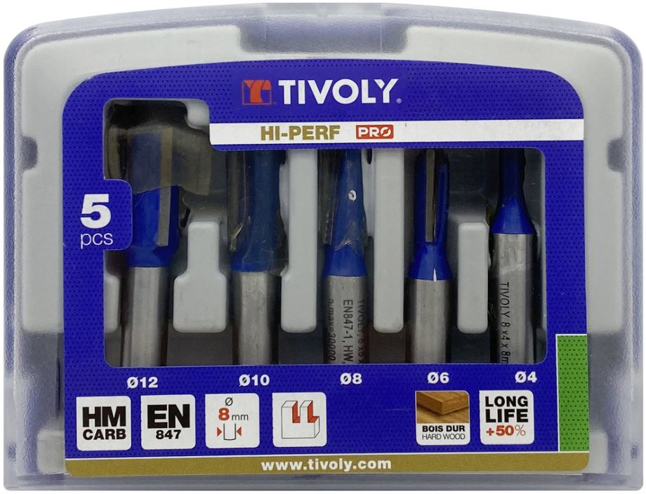 Straight slotting cutters set 4 / 6 / 8 / 10 / 12mm, 8mm shank, 5 pcs