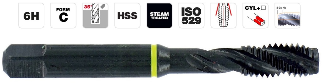 HSS ISO Machine Tap M5, spiral flute 35°. Back chamfer. Steam treated