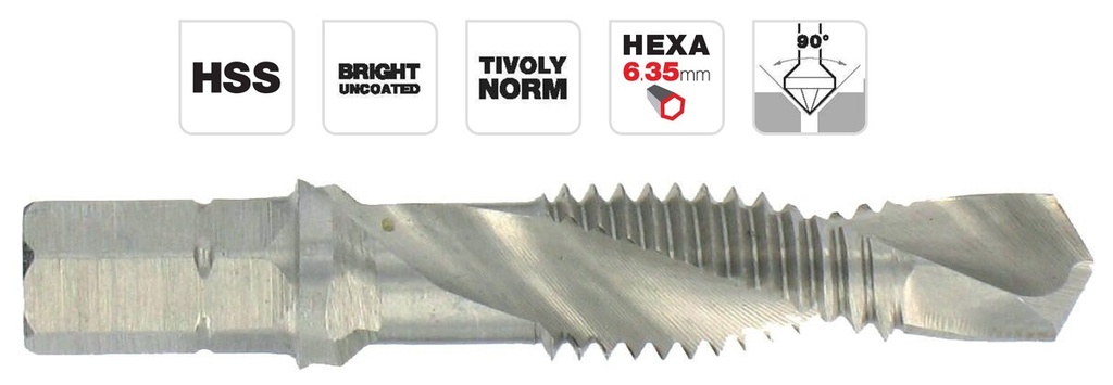 Combi tapping drill bit M6x1.0, HSS, 1/4" hex shank