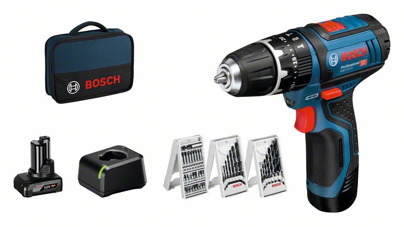 Löökakutrell Bosch GSB 12V-15, (1x2.0Ah + 1x4.0Ah), 39 ACC, GAL 12V-20, 0-380 / 0-1.300 min.-1 + puuride ja otsakute komplekt