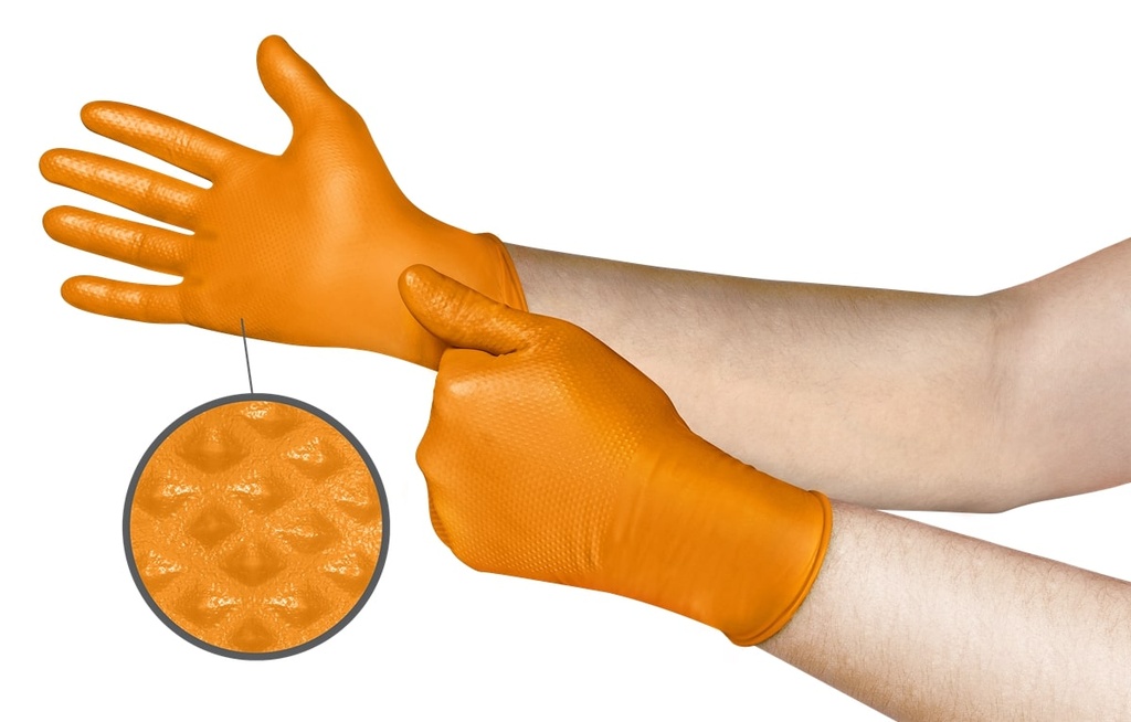 Ühekordsed nitriilkindad Ansell Microflex Mega Grip 93-256, 100tk, 0,13mm, 275mm pikad oranžid, suurus XL (9,5-10)
