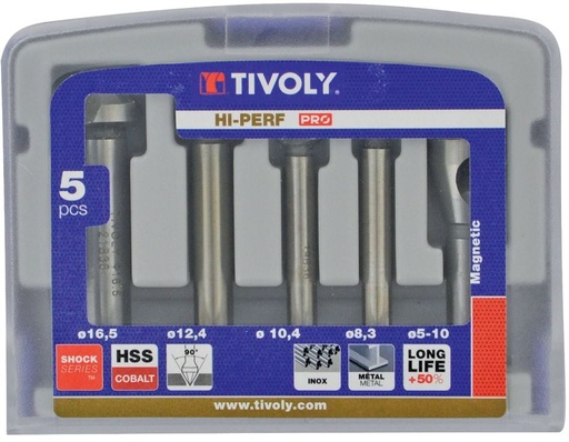 [10331670006] Set of 5 Countersinks. HSS-E5, ØD=8,3-16,5mm.  Bright, uncoated, cylindrical shank "Half-box"