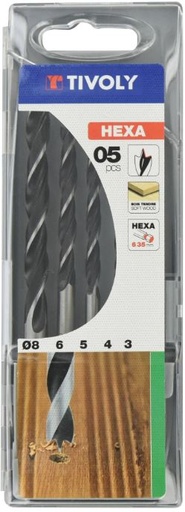 [10803770001] Wood drill bit set 3-8mm, 5-pcs, 1/4 Hexagonal shank