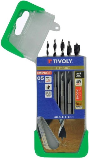 [10803770002] Wood drill bit set 3-8mm, 5-pcs, 1/4 Hexagonal shank, Clipster