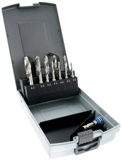 [11437070001] Metallipuuride komplekt 3-10mm, HSS, 1/4" kuuskant saba, 12 puuri + otsaku hoidja