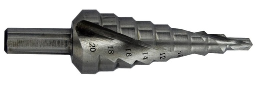 [11448520420] Step drill Ø4-20 mm, HSS. Step 2 mm. Helicoidal flute. Bright, uncoated