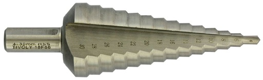 [11448620430] Step drill Ø4-30 mm, HSS. Step 2 mm. Straight flute. Bright, uncoated. T-Line