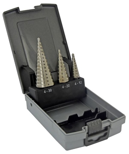 [11448670001] Step drills set Ø4-12mm / 4-20mm / 4-30mm, HSS. Straight flutes. Bright, uncoated