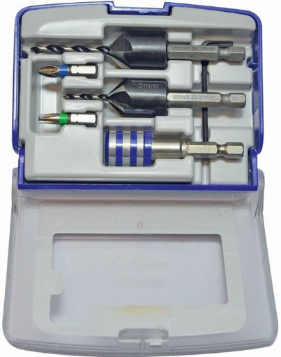[11900670002] Rinkinys terasoms montuoti. Grąžtai su gilintuvu Ø3, Ø4, 2x INOX antgaliai PZ2, TX25, Magnetinis antgalių laikiklis  "Half-box"