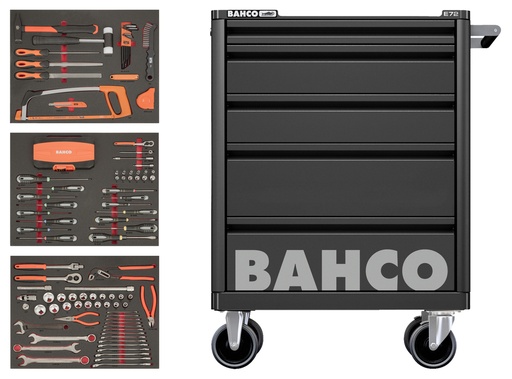 [1472K5BKFF3SD] Bahco instrumentu skapis E72, melns, 5 atvilktnes, 675x500x950, komplektā 140 instrumenti