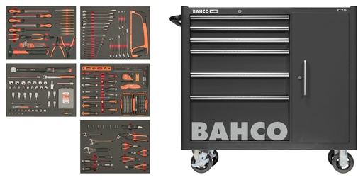 [1475KXL6CBFF1SD] Įrankių vežimėlis ant ratų Bahco C75, 5 stalčiai+ spintelė, sukomplektuotas, juodas, 237 įrankis, 986x501x1100mm