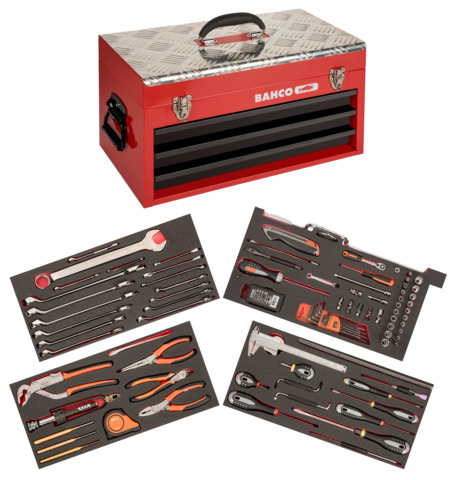 [1483KHD3RB-FF7] Tööriistade kmpl lennunduse MRO tööriistadega vahtaluses 124 osa metallist kohvris 3 sahtliga 300x257x523mm, tollmõõdus 1/4"