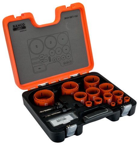 [3834-SET-152] Bi-Metal holesaw set 16-83mm + 2 arbors + 1 pilot drill bit. 18 pcs