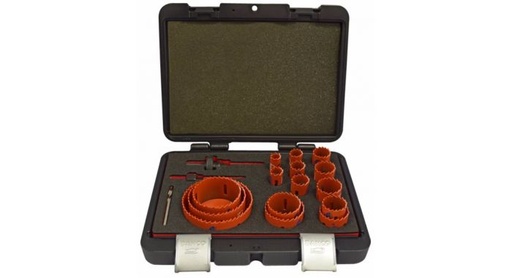 [3834-SET-153] Bi-Metal holesaw set 16-92mm + 2 arbors + 1 pilot drill bit. 18 pcs