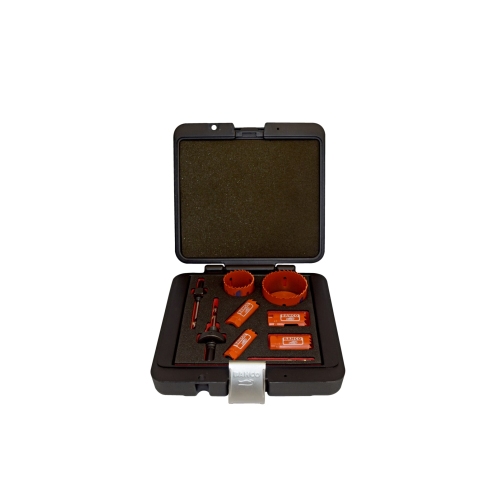 [3834-SET-63-64] Bi-Metal karūnų rinkinys, 19-64 mm, du laikikliai + 1 atsarginis grąžtas, 9 dalys