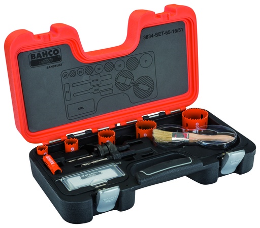 [3834-SET-65-16/51] Bi-Metal holesaw set 16-51mm + 2 arbors + 1 pilot drill, 9pcs