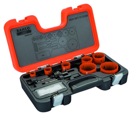 [3834-SET-73-22/68] Bi-Metal holesaw set 22-68mm + 2 arbors + 1 pilot drill bit. 10 pcs