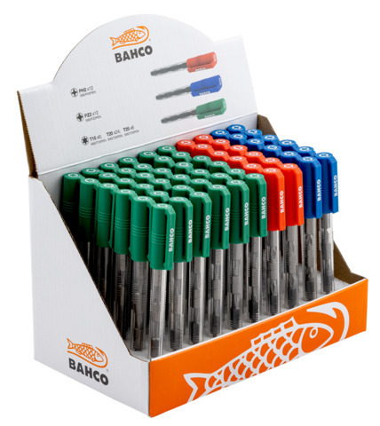 [59S/60PEN/DISP] Kruvikeeraja otsakute stend Bahco, viiesed pakid, T15 6tk, T20 24tk, T25 6tk, PH2 12tk, PZ2 12tk