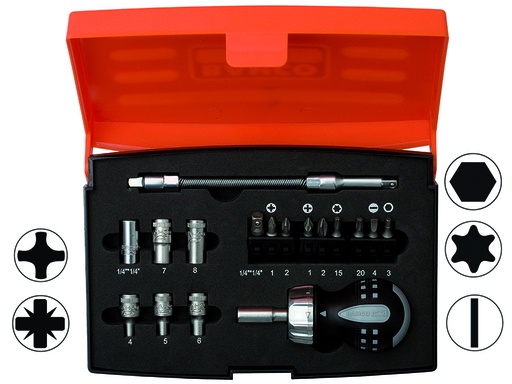 [808050S-18] Rinkinys Bahco 1/4 colio, atsuktuvas, lankstus prailgintojas, PH,PZ,TX,SL,HEX + galvutės 4-8mm, 18pcs