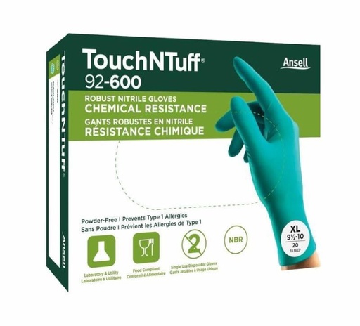 Disposable nitrile gloves Ansell TouchNTuff 92-600, 0,12mm thick, size M (7,5-8), smooth palm, green, pack of 20 pcs