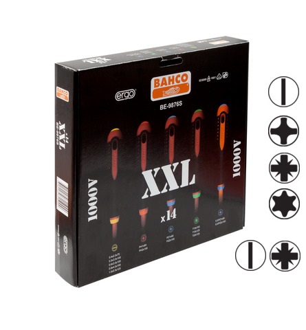 [BE-9876S] XXL Elektriķu skrūvgriežu komplekts ERGO™ 14 gab - SL2,5/3,0/3,5/4,0/5,5; PH1/2; PZ1/2; T10/15/20; Combi PZ1/SL5, PZ2/SL6 - 1000V VDE