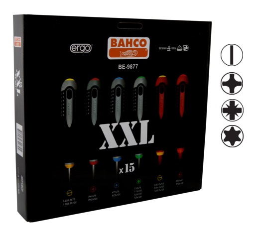 [BE-9877] XXL Atsuktuvų rinkinys ERGO™ 15 vnt -  SL3,0/4,0/5,5; PH1/2 1000V VDE; SL3,5/5,5; PH1/2; PZ1/2; T10/15/20/25