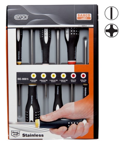 [BE-9881I] INOX Skrūvgriežu komplekts ERGO™ 6 gab - SL3,0/4,0/5,5/6,5; PH1/2