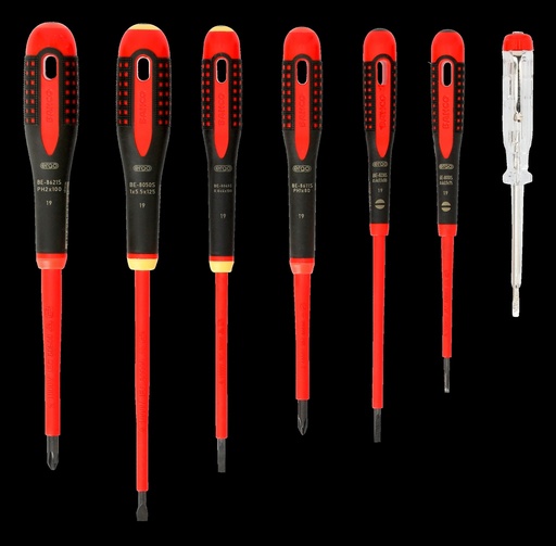 [BE-9887S] Insulated screwdriver set ERGO™ 7 pcs - SL3,0 tester; SL2,5/3,5/4,0/5,5; PH1/2 - 1000V VDE