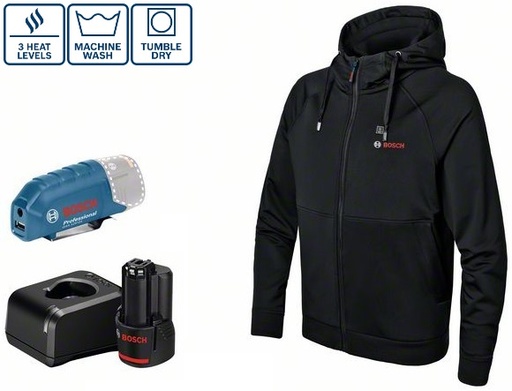 Apsildāma jaka ar kapuci GHH 12V+18V + GAA 12V-21, (1x2.0Ah), izmērs XL