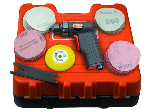 [BP204K] Pneimatiskā slīpmašīna ar pistoles formas rokturi, 77mm Velcro® paliktni, 15000 apgr./min, 250W. Komplekts ar 70 ripām