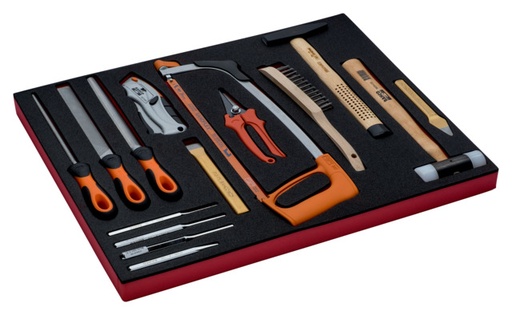[FF1A07] Tools set 15 pcs in foam 35x543x445mm (hacksaw, files 3 pcs, wire brush, hammer, plastic hammer, scissors, knife, chisel, drift punches)