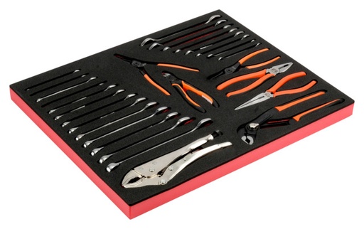 [FF1A121] Tööriistade kmpl. 28 osa vahtaluses (lehtsilmusvõtmed 111M 8-22mm, snipe nose, adjustable, circlip, side cutting and curved pliers, 6M double open end spanners 6-22mm) )