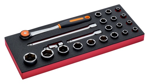 [FF1E2203] Socket set 1/2" 22pcs (8-32mm, 2x extension bars, swivel joint, ratchet) in foam 35x181x445mm