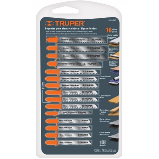 [JSCA-16-T] Jigsaw blade T-shank set for wood, plastic and metal 16 pcs Truper®