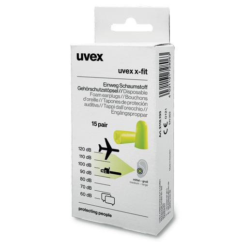 [UV2112133] Ear plugs, disposable, Uvex X-fit, non-corded, lemon SNR: 37dB. For a very loud environments. 15 pairs Minibox, Size M