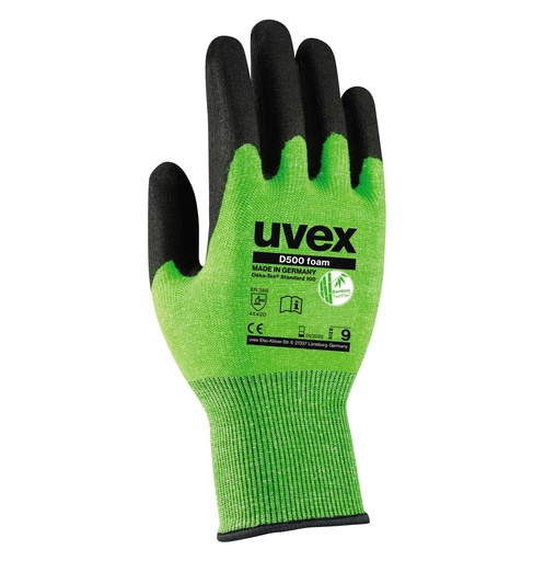 [UV6060410] Pirštinės Uvex D500 Foam, D lygio atsparumas pjūviams, Dyneema Diamond, plienas, poliamidas. HPE delno padengimas. Dydis 10