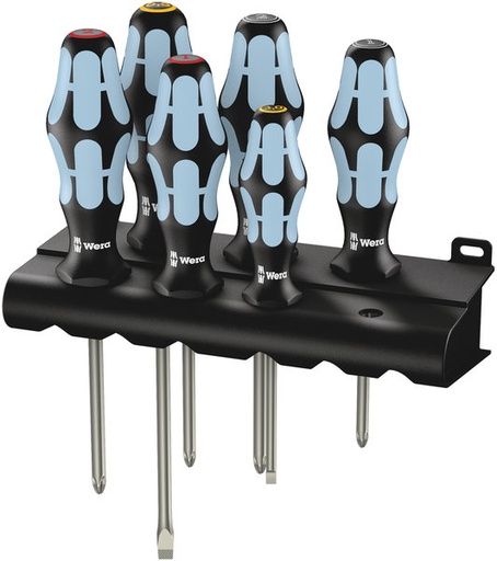 [WE05032063001] Wera 3334/3350/3355/6 nerūdijančio plieno atsuktuvų rinkinys 6vnt PH+PZ+SL, su stovu