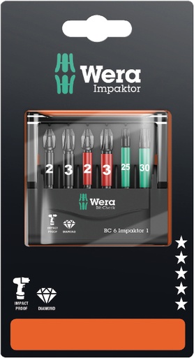 [WE05073890001] Smūginių antgalių rinkinys Wera Bit-Check 6 Impaktor, 6vnt, (PH, PZ, TX) 50mm