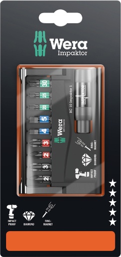 [WE05073980001] Smūginių antgalių rinkinys Wera Bit-Check 10 Impaktor 1, 10 vnt, blisteryje