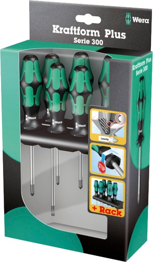 [WE05105622001] Wera Kraftform Plus LaserTip screwdrivers set 6 pcs PH+PZ+SL, with rack