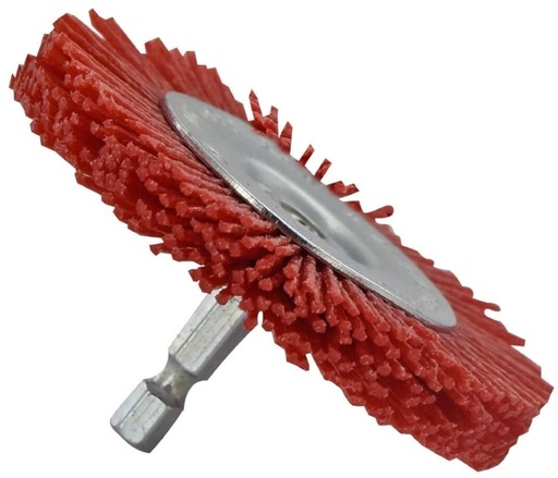 [XT20222000777] Wheel brush for drill, red abrasive filament, wood stripping, 75mm
