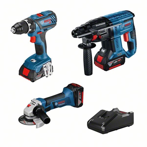 [BO0615990M0S] 18V komplekts: Akumulatora urbis GSR 18V-28 + leņķa slīpmašīna GWS 18-125 V-Li + perforators GBH 18V-21, (3x4.0Ah)